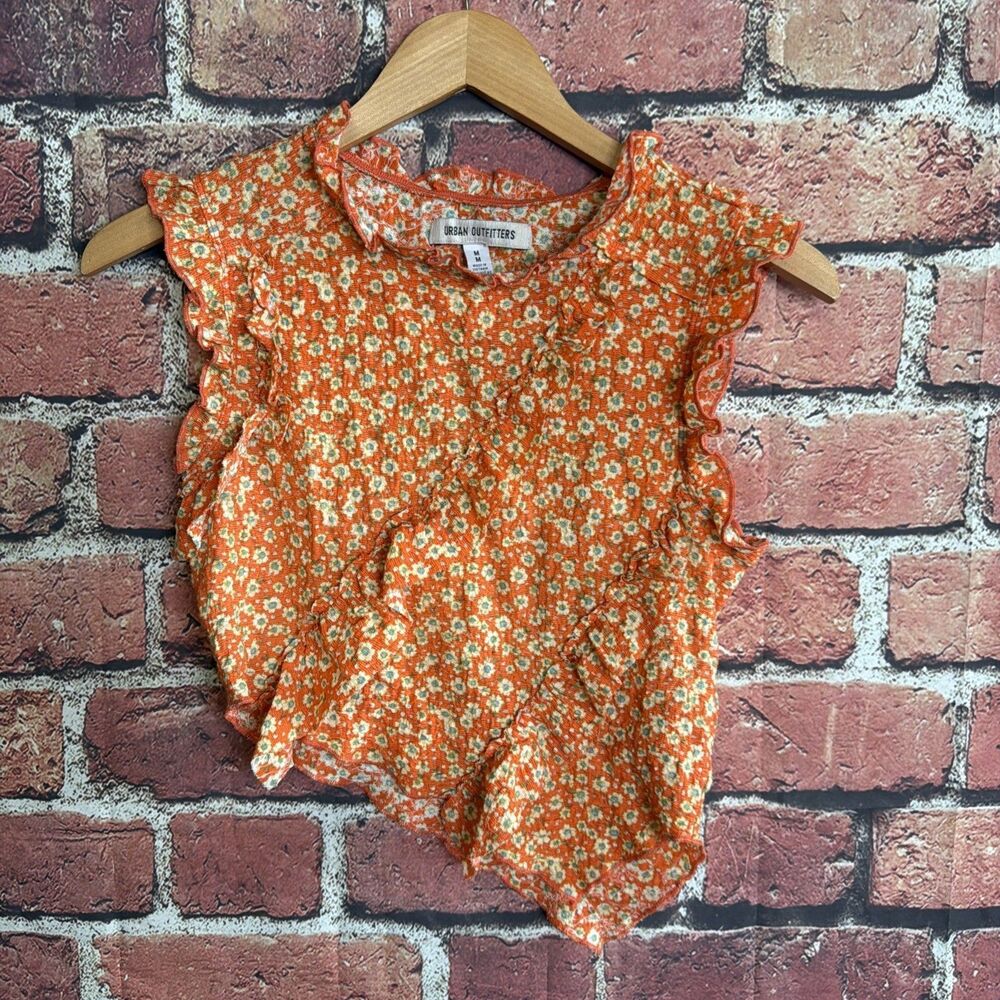 Urban Outfitters Orange Ditsy Floral Smocked Ruffle Top Medium